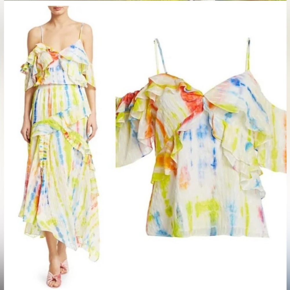 TANYA TAYLOR Tavia Cold Shoulder Ruffle Detail Silk Tie-Dye Top